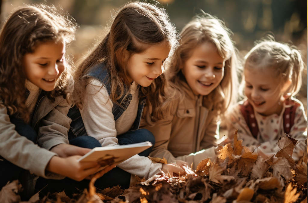Four young girls exploring leaves in a playful outdoor setting.