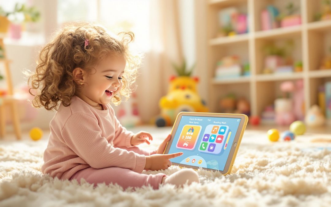 Young child engaging with educational tablet on carpet